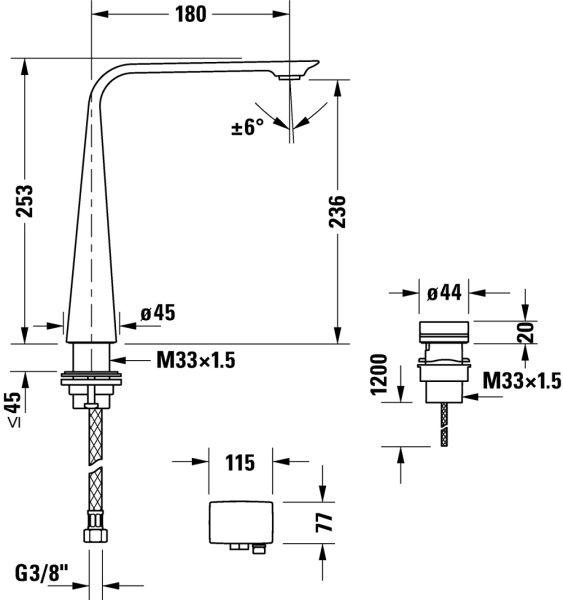 Duravit D.1 2-Loch Elektronikarmatur XL mit Einbaunetzteil, technische Zeichnung