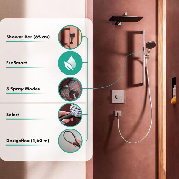 hansgrohe Raindance Alive Select S Duschset 3 Strahlarten, Duschstange 65cm, brushed black chrome
