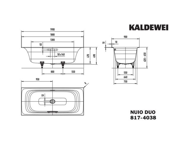 Kaldewei Nuio Duo Rechteck-Badewanne 190x90cm Mod.817-4038
