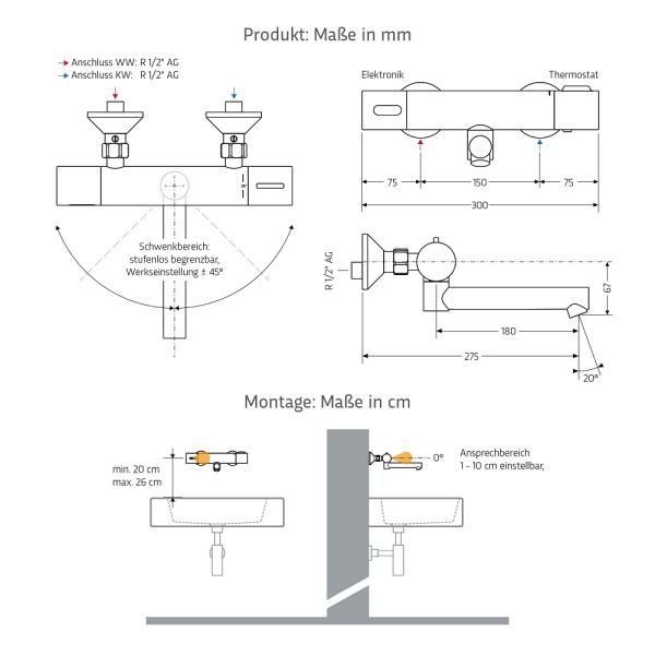 WimTec ECOSAN W6 HyPlus Aufputzwandarmatur 6V Batteriebetrieb 275 mm Ausladung, chrom