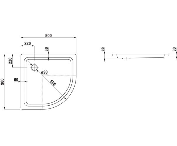 Laufen Platina Duschwanne Viertelkreis 90x90cm flach, Einbauhöhe 6,5cm