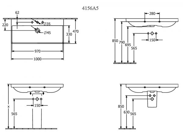 Villeroy&Boch Avento Schrankwaschtisch, 100x47cm, 1 Hahnloch, Technische Beschreibung