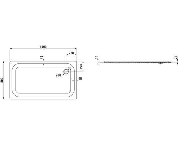 Laufen Platina Duschwanne 140x80cm ultraflach, Einbauhöhe 2,5cm