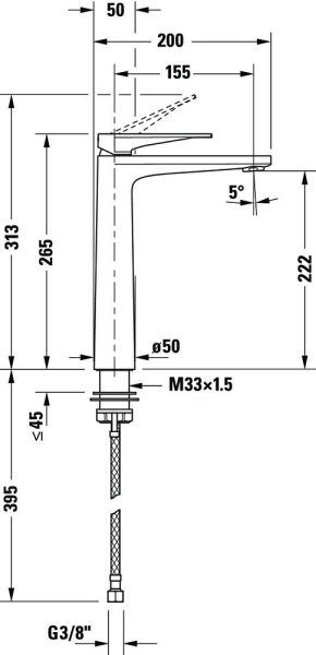Duravit Tulum Einhebel-Waschtischmischer ohne Zugstangen-Ablaufgarnitur, schwarz, TU1040002046, techn. Zeichnung