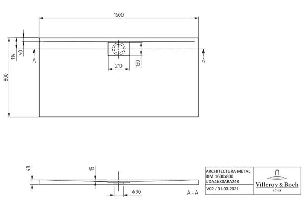 Villeroy&Boch Architectura MetalRim Duschwanne, 160x80cm, weiß techn. Zeichnung