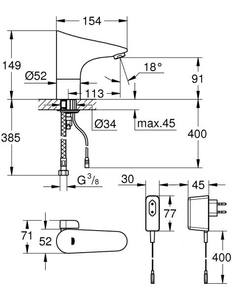 Grohe Europlus E Infrarot-Elektronik für Waschtisch mit Mischung, Netzbetrieb, chrom