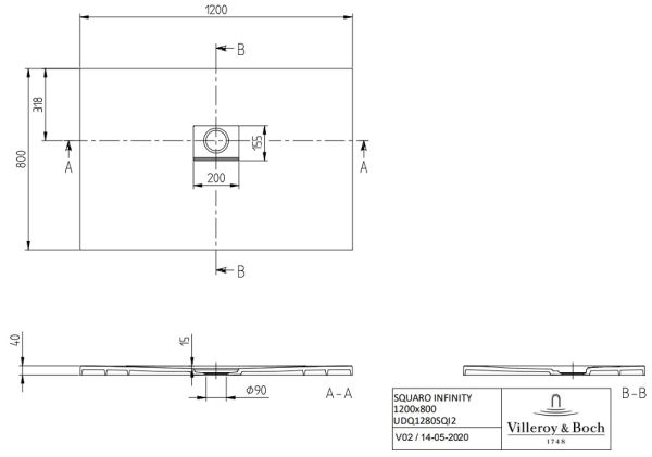 Villeroy&Boch Squaro Infinity Quaryl®-Duschwanne universal einbaubar (selb. zuschneidbar),120x80cm