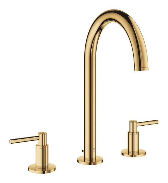 Grohe Atrio 3-Loch Waschtischarmatur L-Size mit Ablaufgarnitur, wassersparend, cool sunrise 20649GL0