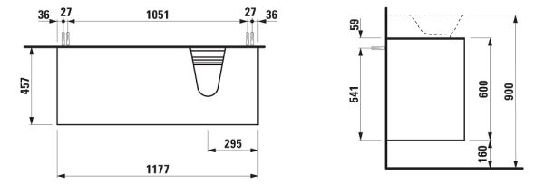 Laufen The New Classic Schubladenelement 118cm, 2 Schubladen, Ausschnitt rechts, zu H81685 2, techn. Zeichnung