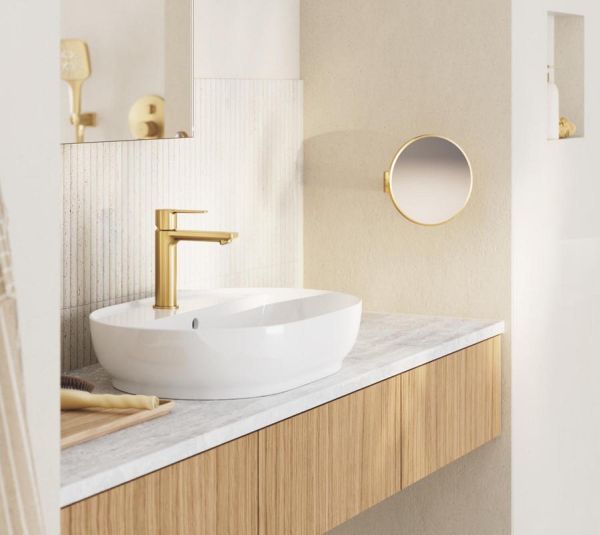 Grohe Lineare Waschtischbatterie S-Size, Push-open Ablaufgarnitur, cool sunrise gebürstet