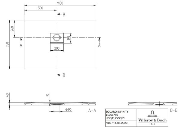 Villeroy&Boch Squaro Infinity Quaryl®-Duschwanne, Eckeinbau links gegen Wand, 110x75cm UDQ1175SQI2LV-1S