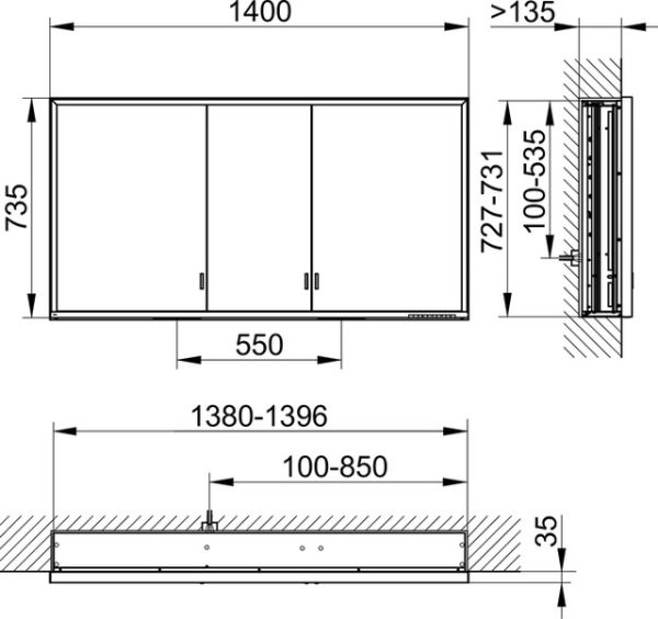 Keuco Royal Lumos Spiegelschrank für Wandeinbau, 3 lange Türen, 140x73,5cm 14316172301