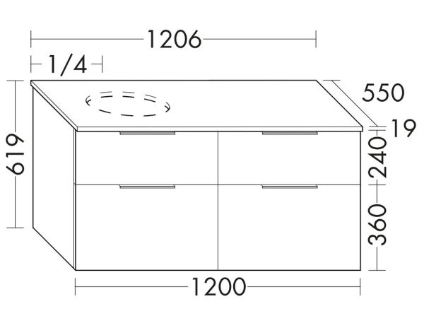 Burgbad Eqio Waschtischunterschrank für Aufsatzwaschtisch 120x55cm, mit Konsolenplatte, 4 Auszüge