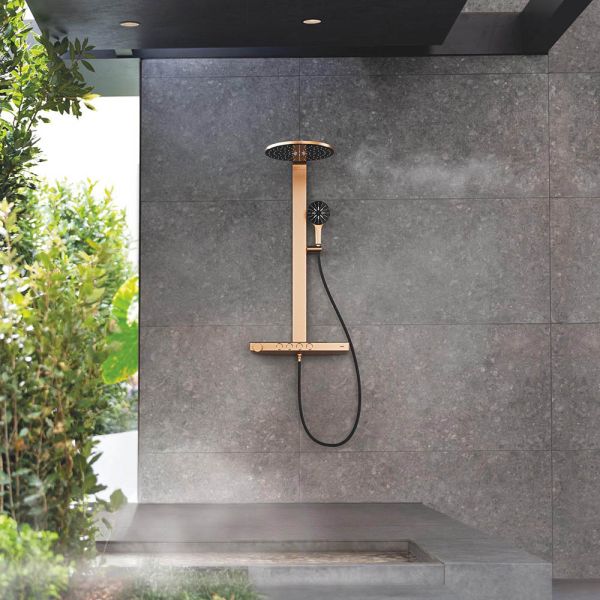 Grohe Rainshower Aqua Pure Duschsystem mit Thermostat, Kopfbrause rund, 15 l/min, warm sunset gebürstet/schwarz 101680DL00