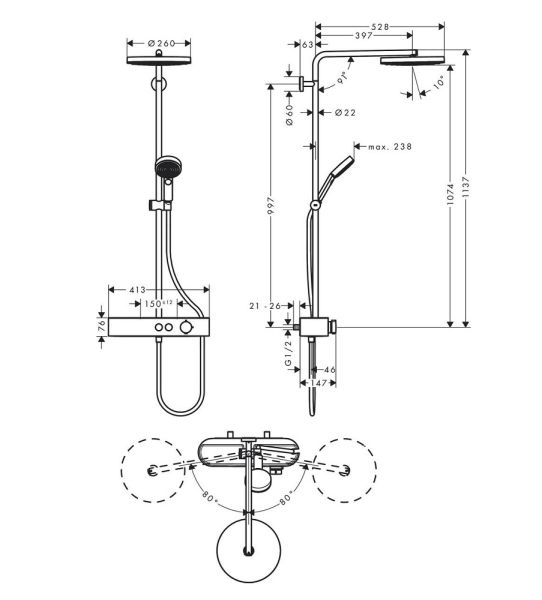 Hansgrohe Pulsify S Showerpipe 260 1jet mit Brausethermostat, weiß matt 24220700