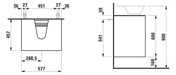 Laufen The New Classic Schubladenelement 58cm, 2 Schubladen, zu Aufsatz-Handwaschbecken 81685.2, techn. Zeichnung