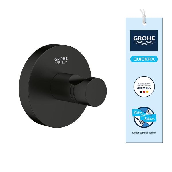 Grohe QuickFix Start Bademantelhaken, zum Kleben oder Bohren, schwarz matt