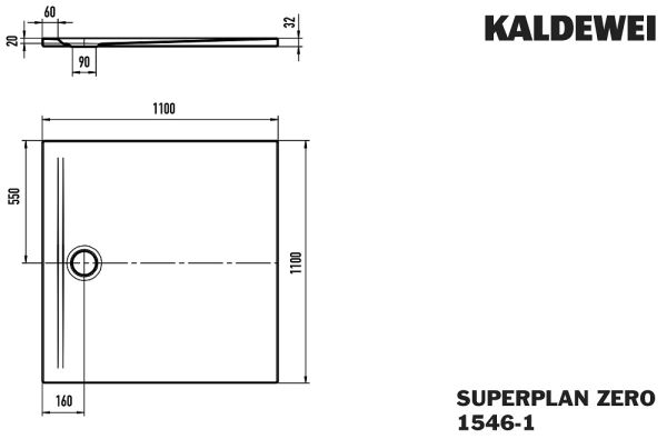 Kaldewei Superplan Zero bodenebene Quadrat-Duschwanne 110x110cm Mod. 1546-1