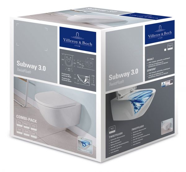 Villeroy&Boch Subway 3.0 Wand-WC spülrandlos mit TwistFlush, inkl. WC-Sitz, Combi-Pack, weiß