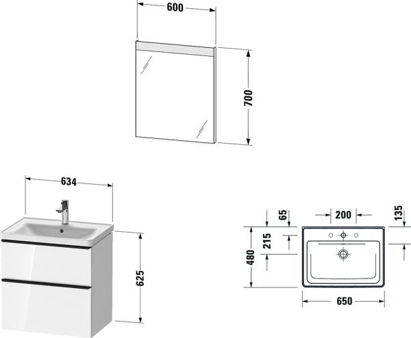 Duravit D-Neo Möbel-Set 65cm mit Waschtisch, Waschtischunterschrank und rechteckigem Spiegel