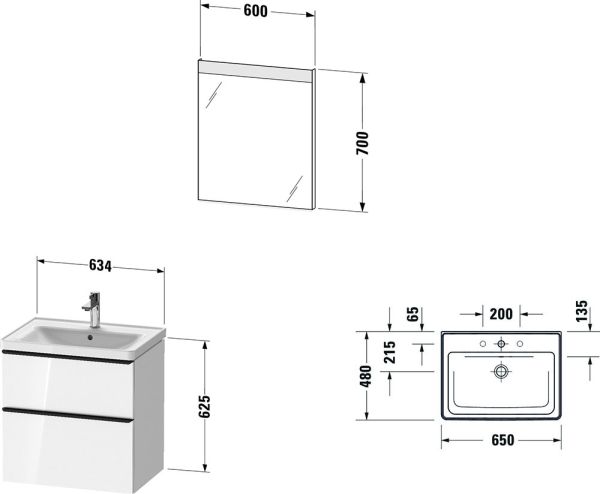 Duravit D-Neo Möbel-Set 65cm mit Waschtisch, Waschtischunterschrank und rechteckigem Spiegel