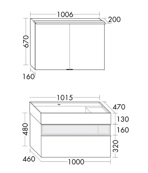 Burgbad Yumo Badmöbel-Set 101,5cm, Spiegelschrank, Mineralguss-Waschtisch und WT-Unterschrank