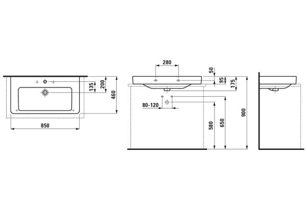 Laufen Pro S Aufsatzwaschtisch wandmontiert, geschliffen, mit 1 Hahnloch, 85x 46,5cm, weiß H8169650001041