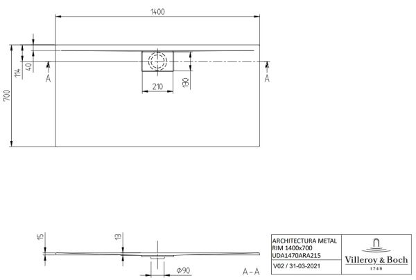 Villeroy&Boch Architectura MetalRim Duschwanne, 140x70cm UDA1470ARA215V-01