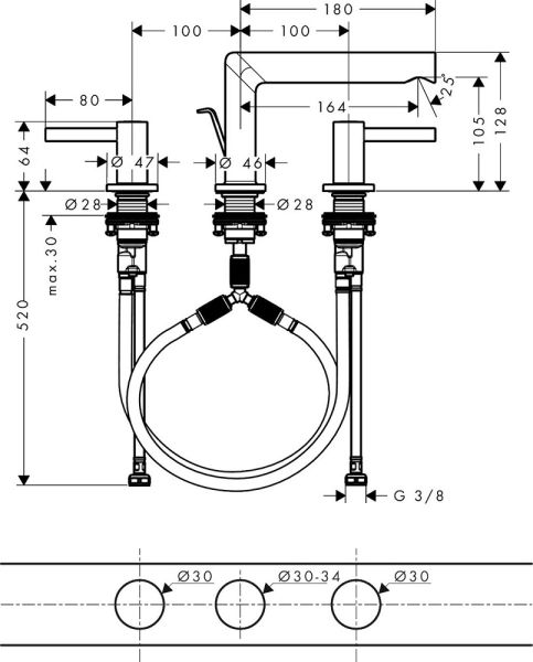 hansgrohe Zesis S 3-Loch Waschtischarmatur 100 mit Zugstangen-Ablaufgarnitur, chrom