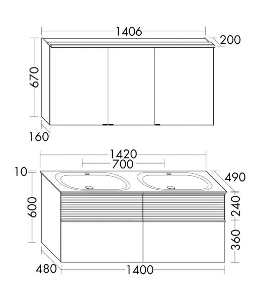 Burgbad Fiumo Badmöbel-Set 142cm, Spiegelschrank, Doppelwaschtisch und WT-Unterschrank, 4 Auszüge SGGT142LF3956C0001G0223