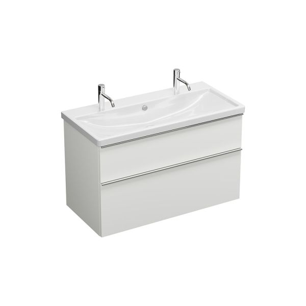 Burgbad Eqio Keramik-Waschtisch 103cm mit Waschtischunterschrank, weiß glanz Griffleiste chrom SEYR103