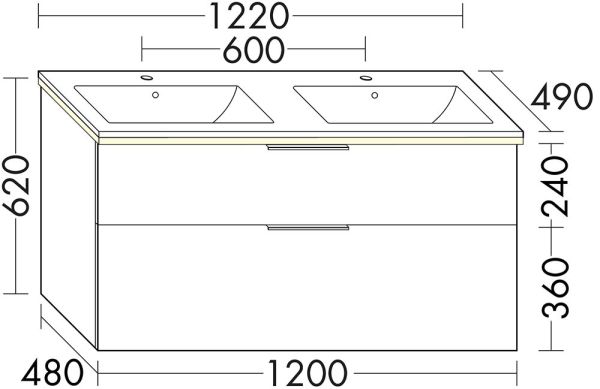 Burgbad Eqio Slim Doppelwaschtisch 122cm & Unterschrank mit LED Beleuchtung, 2 Auszüge