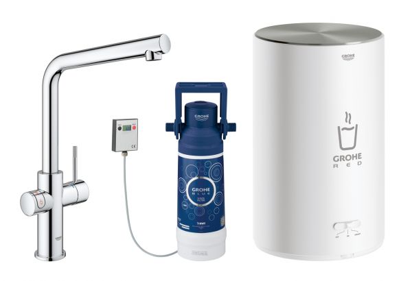 Grohe Red Duo Einhand-Spültischbatterie, L-Auslauf, Armatur und Boiler Größe M, chrom