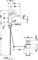 Vorschau: Duravit Tulum Einhebel-Bidetmischer mit Zugstangen-Ablaufgarnitur, schwarz, TU2400001046, techn. Zeichnung