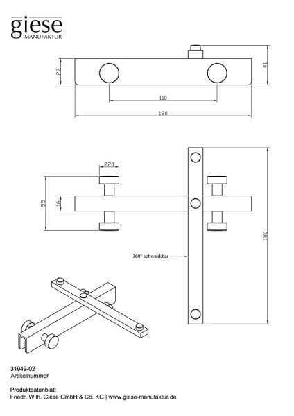 Giese Sky Hakenleiste 4-teilig mit schwenkbarem Halter für Glasduschwand, chrom