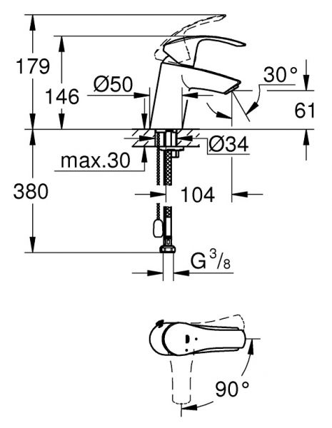 Grohe Eurosmart Einhand-Waschtischbatterie m. Kette, ES-Funktion, S-Size, Mittelstellung kalt, chrom