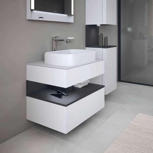 Duravit Qatego Unterschrank für Aufsatzbecken 80x55cm in weiß supermatt, mit offenem Fach in graphit supermatt Antifingerprint QA4730