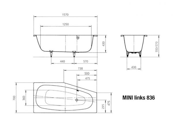 Kaldewei Mini links Raumspar-Badewanne 157x70/47,5cm Mod. 836