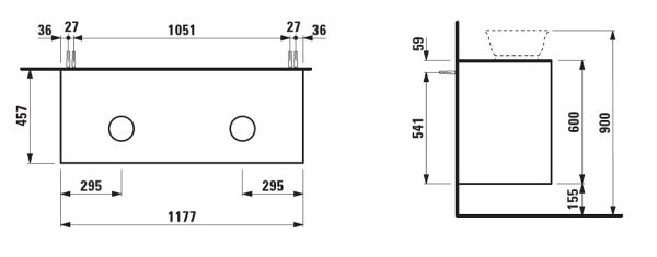 Laufen The New Classic Schubladenelement 118cm, 2 Schubladen, Ausschnitt rechts und links, schwarz zu H81285 0.1.2.3, techn. Zeichnung