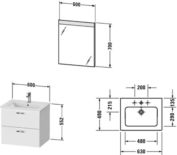 Duravit XBase Badmöbel-Set 63cm mit ME by Starck Waschtisch und Spiegel