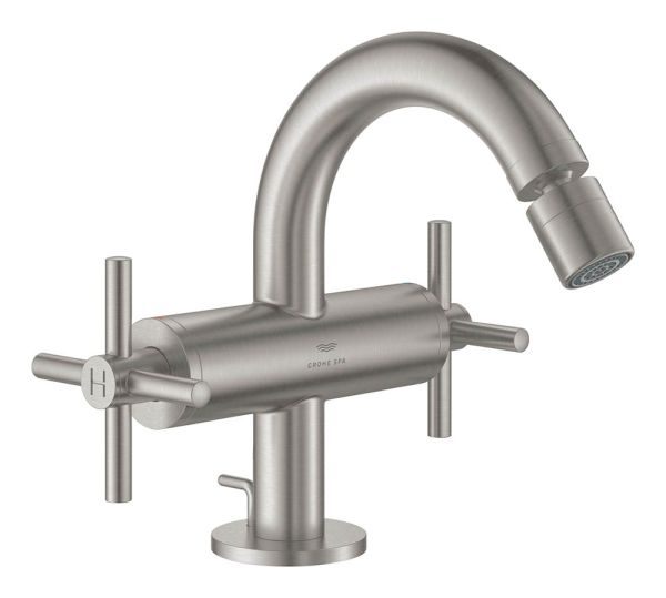 Grohe Atrio 2-Griff-Bidetarmatur mit Ablaufgarnitur & Kreuzgriffen, supersteel 24353DC0