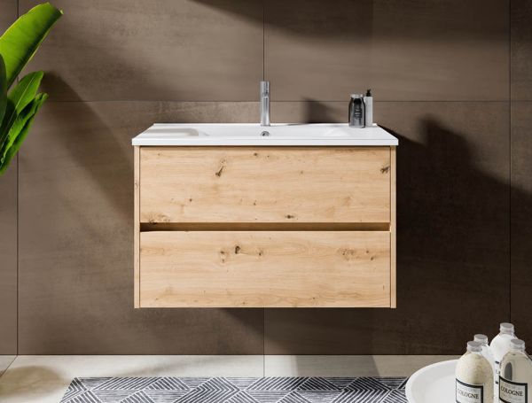 RIHO Porto Slim Waschtisch mit Unterschrank 80x36cm & LED-Spiegel, eiche natur F014104DP6