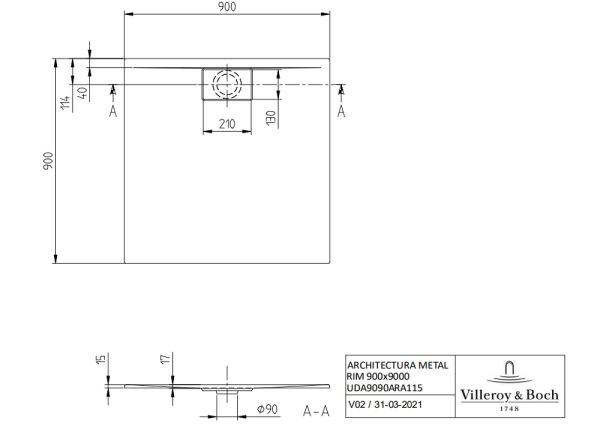 Villeroy&Boch Architectura MetalRim Duschwanne, Randhöhe 1,5cm, superflach, 90x90cm UDA9090ARA115V-1S