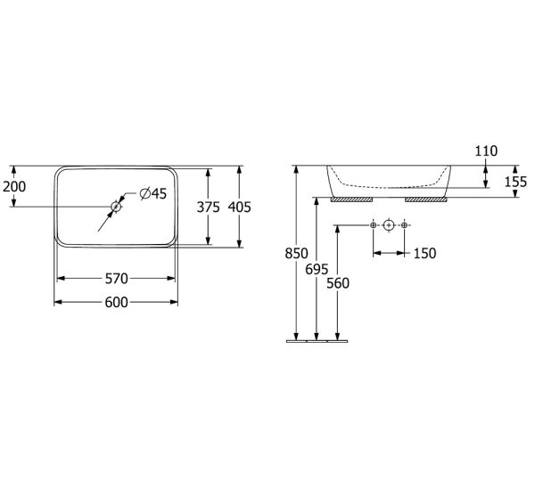 Villeroy&Boch Architectura Aufsatzwaschbecken rechteckig, 60x40cm, weiß 5A276001, technische Beschreibung