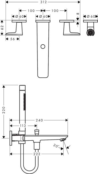 Axor Citterio C Cubic Cut 3-Loch Wannenarmatur Unterputz für Wandmontage mit Stabbrause