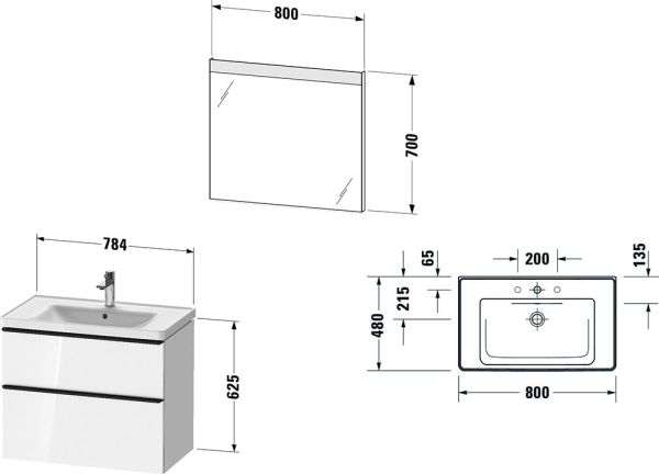 Duravit D-Neo Möbel-Set 80cm mit Waschtisch, Waschtischunterschrank und rechteckigem Spiegel