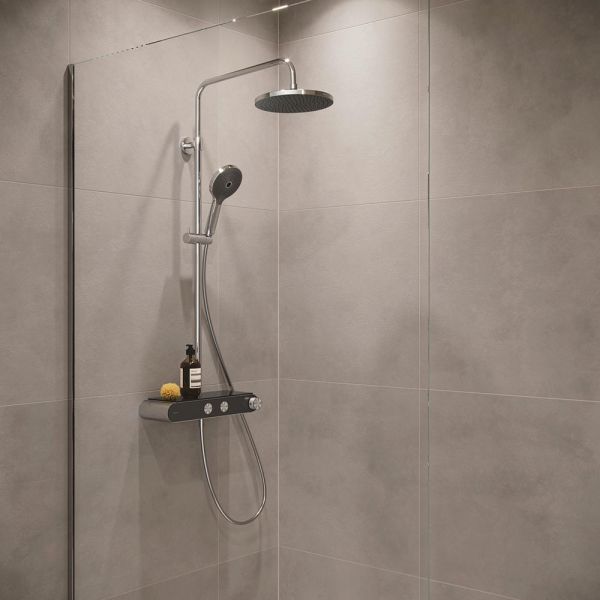 Duravit ShowerSystem Duschsystem mit höhenverstellbarer Regendusche, Thermostat, Ablage, chrom/schw