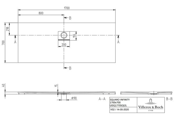Villeroy&Boch Squaro Infinity Quaryl®-Duschwanne, Eckeinbau links gegen Wand, 170x70cm UDQ1770SQI2LV-1S