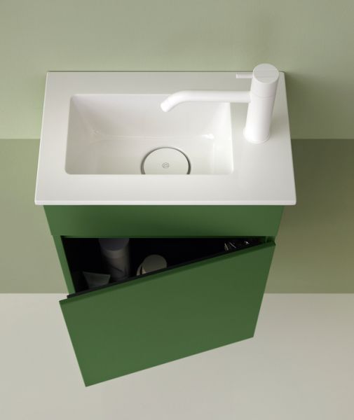 Burgbad Lin20 Gästebad Mineralguss-Handwaschbecken 42x27cm mit Waschtischunterschrank und 1 Tür