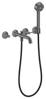 AXOR One 3-Loch Wannenarmatur Unterputz für Wandmontage mit Hebelgriffen & Duschkopf, polished black chrome 48444330